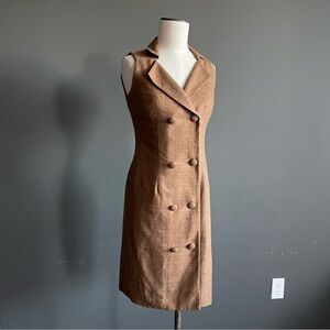 Vintage Brown Raw Silk Sleeveless Blazer Dress Double Breasted Petite 2P